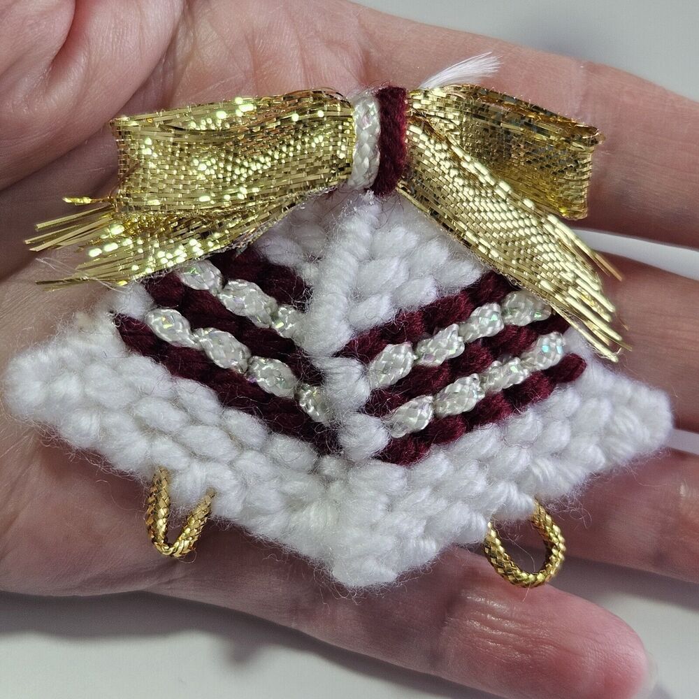 White And Red Embroidered Holiday Bell With Gold Bow Vintage Brooch